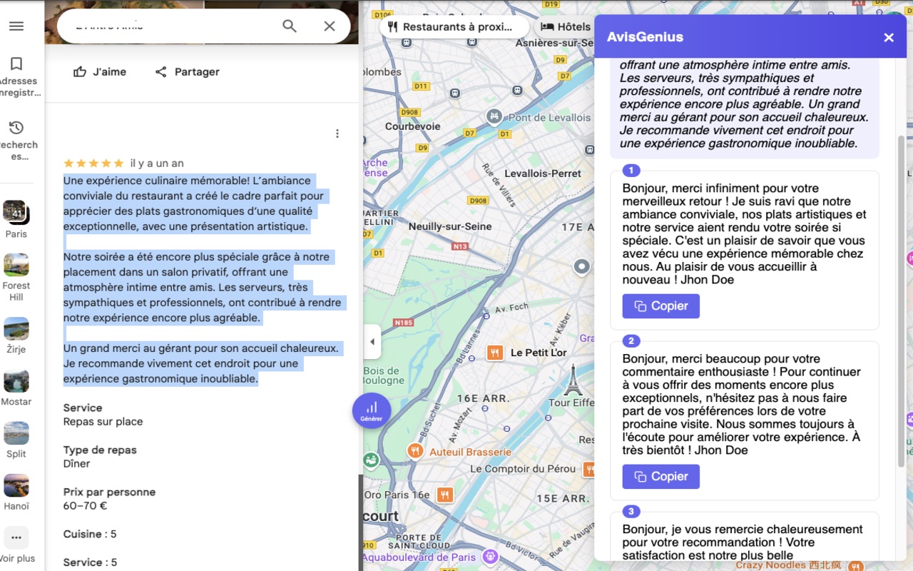 AvisGenius - Extension Chrome en action avec interface d'avis de restaurants
